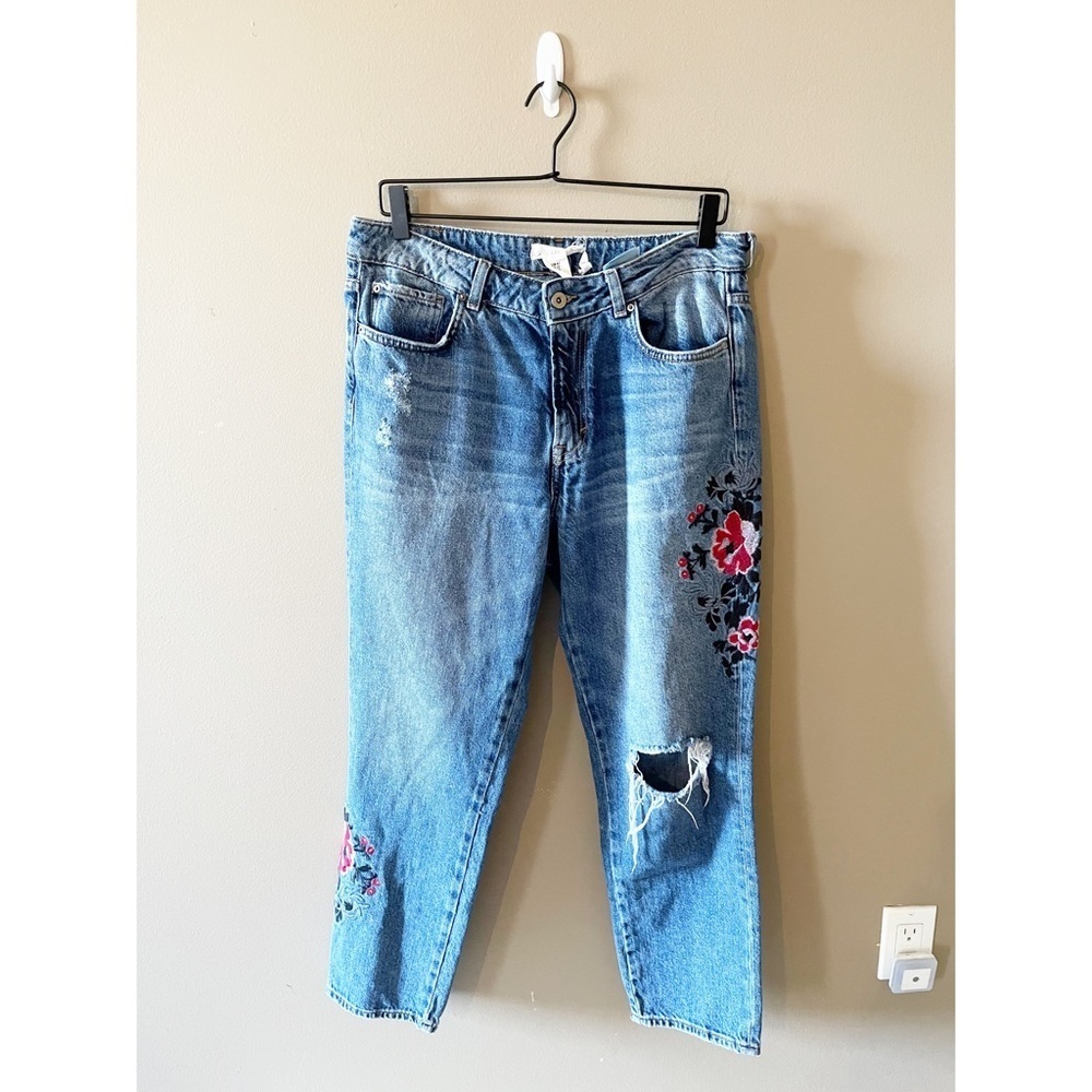 LOGG Embroidered Distressed High Rise Straight Leg Jeans
